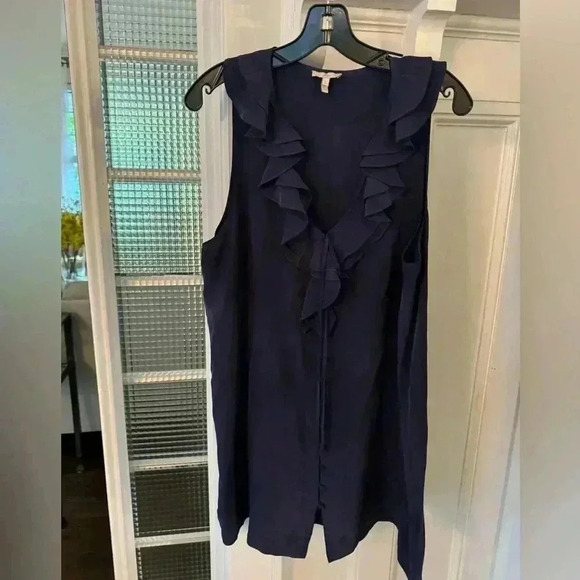 Joie 100% silk dress navy with ruffle v-neck button down front size L - Picture 1 of 12